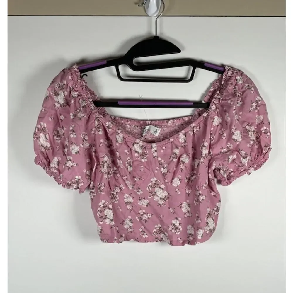 Hollister Pink Floral Puff Sleeve Crop Top Women Small Babydoll New Fairy